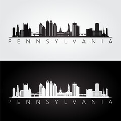 Obraz premium Pennsylvania state skyline and landmarks silhouette, black and white design. Vector illustration.
