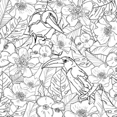 Antistress coloring page. Beautiful toucans with big beaks in nature, fly, play. Natural background of orchid flowers, palm and banana leaves. For tattoo, coloring, print, card, clothes, children game