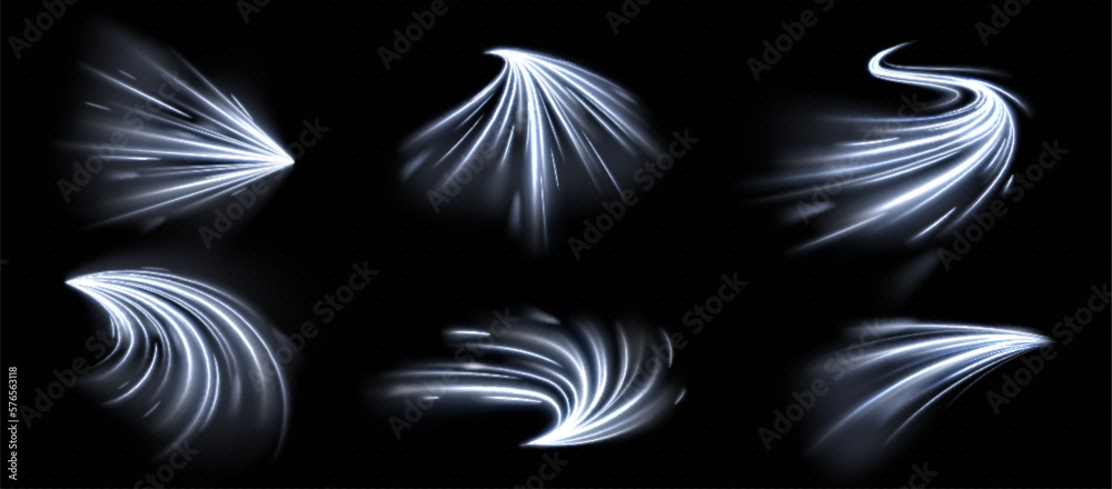 Wall mural white fast speed trail with sparkles on dark background. glow and blur motion effect vector illustra