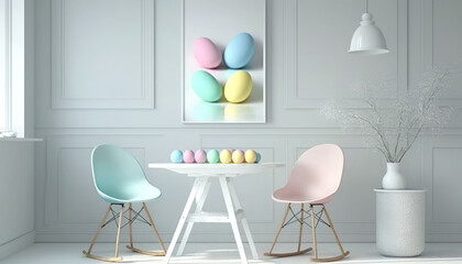 Easter eggs on a white wooden table in white kitchen interior in scandinavian style. Painted Easter eggs in pastel color, blue, green, yellow, pink. Happy Easter wallpaper. Generative ai illustration