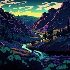 Mountains and flowing water with aesthetic colors, Generative AI