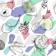 Illustration fruity seamless pattern background. Banana, apple, pear, berries, cherry, strawberry, coconut. Transparent images on a mottled background. For print, package, clothes, clothes, interior