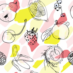 Illustration fruity seamless pattern background. Banana, apple, pear, berries, cherry, strawberry, coconut. Transparent images on a mottled background. For print, package, clothes, clothes, interior