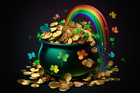 Banner with Pot of gold coins, clover leaves and rainbow. St. Patrick's Day. Created with generative technology.