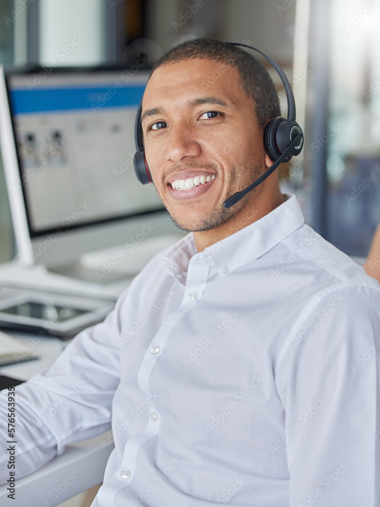 Aufkleber black man, call center portrait and smile by computer for consulting, contact us and tech support in