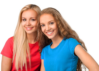 Fototapeta na wymiar Portrait of Two Smiling Girlfriends , Sisters