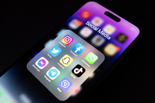 Yerevan, Armenia, February 28, 2023: Apple iPhone 14 Pro Max with icons of social media facebook, instagram, twitter application on screen. Social media icons. Social network. Social media