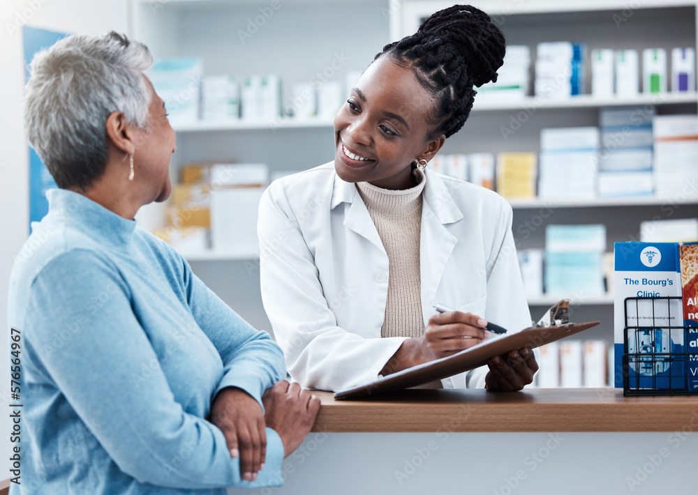 Poster pharmacy, healthcare or insurance with a customer and black woman pharmacist in a dispensary. medica