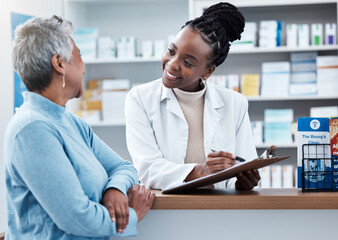 Pharmacy, healthcare or insurance with a customer and black woman pharmacist in a dispensary. Medical, clipboard and trust with a female medicine professional helping a patient in a drugstore - obrazy, fototapety, plakaty