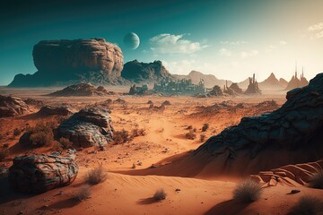 Une ville dans le paysage désertique de la planète mars. Idéal comme fond d'écran. - obrazy, fototapety, plakaty