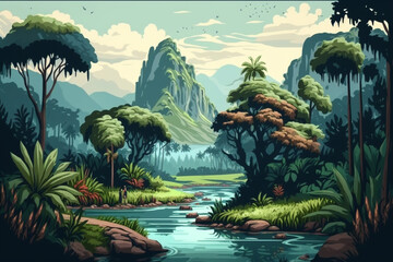 River and Forest - Landscape Painting - Tropical - by Generative AI