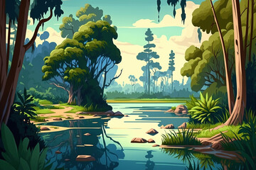 River and Forest - Landscape Painting - Tropical - by Generative AI