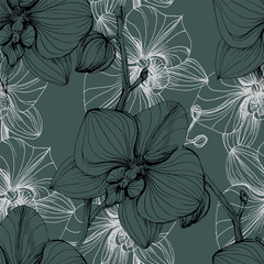 Vector hand drawn seamless pattern with stylized orchid branch for your design, pattern can be used for wallpaper, invitation, fabric. © yanushkov