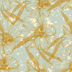 Vector hand drawn seamless pattern with stylized orchid branch for your design, pattern can be used for wallpaper, invitation, fabric. © yanushkov