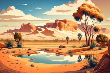 Desert and Oasis - Landscape Painting - by Generative AI
