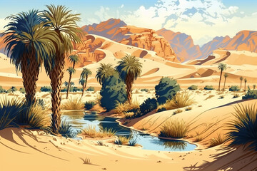 Desert and Oasis - Landscape Painting - by Generative AI