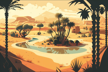 Desert and Oasis - Landscape Painting - by Generative AI