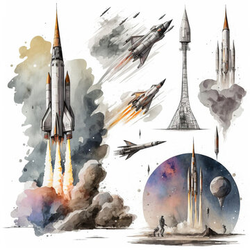 Rocket launching watercolor isolated in white background. Space launch Vector. Space rocket in space.