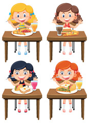 Set of girl cartoon eating food on the table