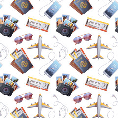 Seamless pattern with suitcase, airplane, camera, passport and boarding pass. Travel, tourism, adventure, journey concept.Vector illustration.