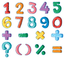Set of numbers and math symbols pencil colour child scribble style