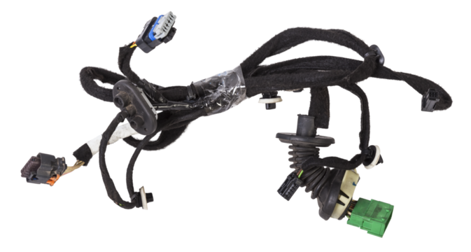 A cable of matted wires of different colors with connectors in the electrical wiring of the car. Internet line in the work of the provider.