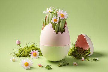 Experience the beauty of spring with this life-themed Easter stock photo. A white egg containing green sprouts and spring flowers sits on a pastel pink backdrop. Generative AI - obrazy, fototapety, plakaty