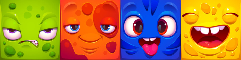 Funny square faces of cartoon monster characters. Abstract avatars with different emotions. Cute comic portraits of angry, happy, crazy and laughing people, vector illustration © klyaksun