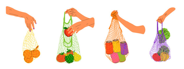 Set of Hand hold eco bag. People bring own bag for grocery. Reusable plastic free pack with food. Zero waste products for shopping. Eco bag shopper, organic green ecological illustration