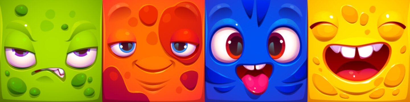 Naklejka Funny square faces of cartoon monster characters. Abstract avatars with different emotions. Cute comic portraits of angry, happy, crazy and laughing people, vector illustration