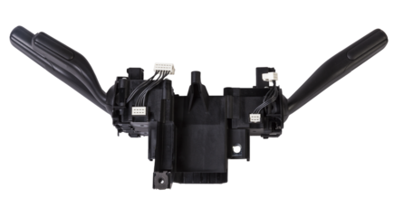 Steering wheel switches for windshield wipers and turn signals with steering angle sensor disassembled on a white isolated background, spare part for car repair or for sale at junk yard.