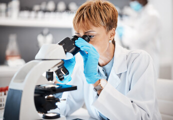 Medical, microscope and science with black woman in laboratory for experiment, research and pharmacy. Healthcare, medicine and results with expert looking for pathology, test and sample analysis