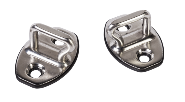 Spare part and body element hinge of a door lock from a car on a white isolated background. Auto service industry.