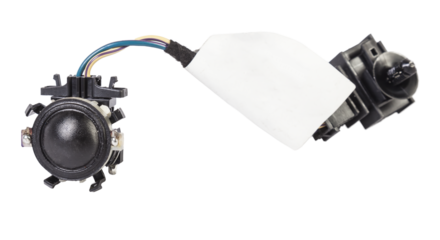 speaker of an acoustic system - an audio for playing music in a car interior on a white isolated background in a photo studio. Spare parts for auto repair in a workshop or for sale for tuning