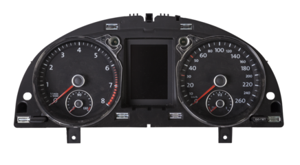 The dashboard of the car with white arrows with a speedometer, tachometer and other tools to monitor the condition of the vehicle in modern style on white isolated background