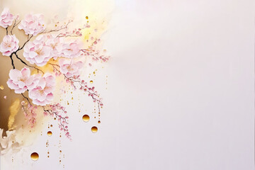 Minimalist sakura cherry blossom pink and gold greeting card template illustration