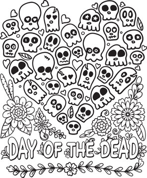 Heart Skull with flowers for Halloween or Day of the dead with flower elements. Hand drawn. Doodles art for greeting cards, invitation or poster. Coloring book for adult and kids.
