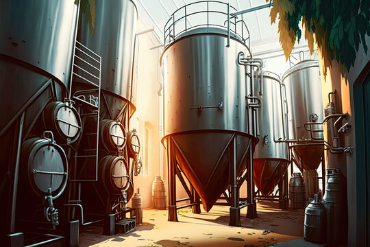 interior of modern factory brewery with production tanks. Generative AI