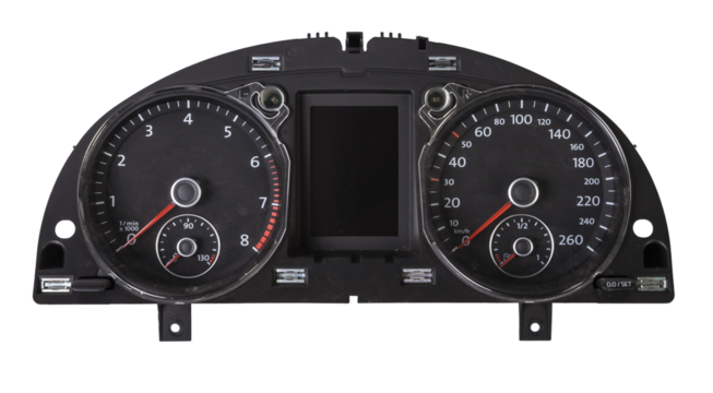 The dashboard of the car with white arrows with a speedometer, tachometer and other tools to monitor the condition of the vehicle in modern style on white isolated background
