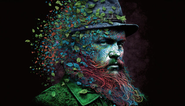 St. Patrick's day celebration background. Leprechaun man in green hat Generative ai