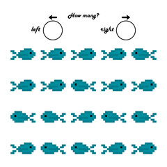 Educational game for kids. Count how many fishes goes to the left and goes to the right . Math game. Vector
