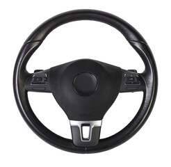 Steering wheel for car and truck isolated on white background. Automobile vehicle part or equipment. Round modern style consist of black leather and aluminum. For driver to driving control and tuning. - obrazy, fototapety, plakaty