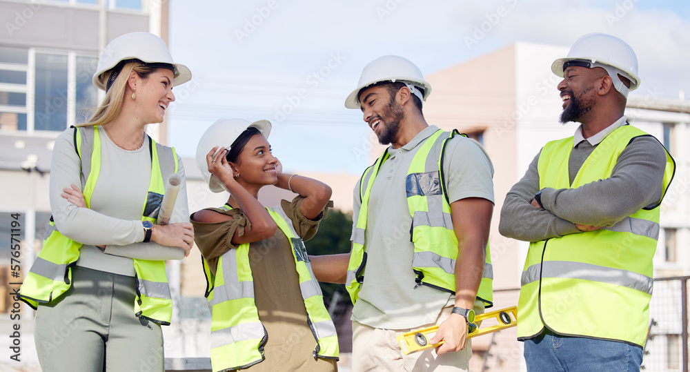 Sticker Construction, talking and employees in the city as a team, laughing and speaking about building. Diversity, arms crossed and contractors working together on renovation, infrastructure and engineering