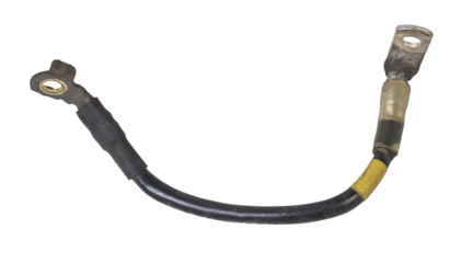 Thick short curved electric wire in black rubber isolation on a white isolated background. Automotive positive terminal.