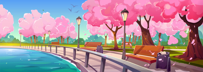 Riverside park with sakura trees blooming along promenade. Vector cartoon illustration of sunny day in spring public garden, cherry blossom with pink flowers, petals in air, empty benches near water © klyaksun
