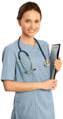 Female healthcare professional wearing scrubs and carrying a clipboard