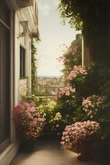 Fototapeta na wymiar A Beautiful Balcony View From The Terrace Planted With A Garden Of Pretty Flowers, Oil Painting Style, created with generative ai technology