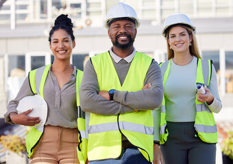 Architect, leader and black man construction worker, team smile in portrait with women and...