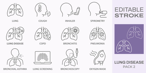 lung disease icons, such as copd, cough, bronchitis, spirometry and more. Editable stroke. - obrazy, fototapety, plakaty