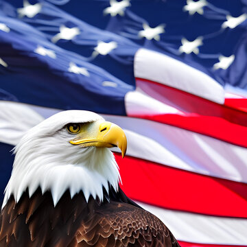 A photo of bald eagle with American flag in background 